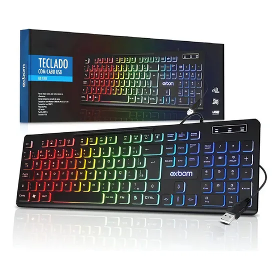 Teclado Gamer Slim Silencioso Led Rgb Abnt2 Usb Pc Cor de teclado Preto Idioma Português Brasil