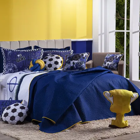 Kit Cobre Leito Futebol Game Azul C/ Almofadas Casal 8 Peças Azul/branco