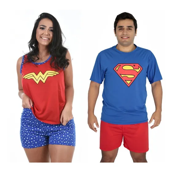 Kit 2 Pijamas Curto Casal Heróis Dia Dos Namorados