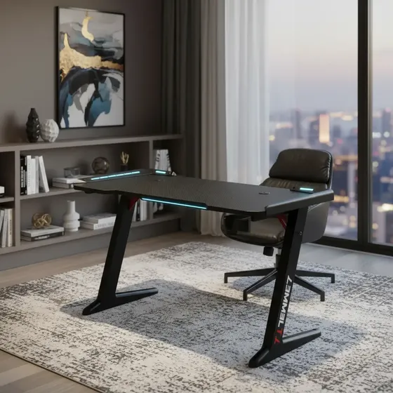 Escritorio Gamer PC Con luces LED RGB Hemmel T7 Color Negro fibra de carbono 120