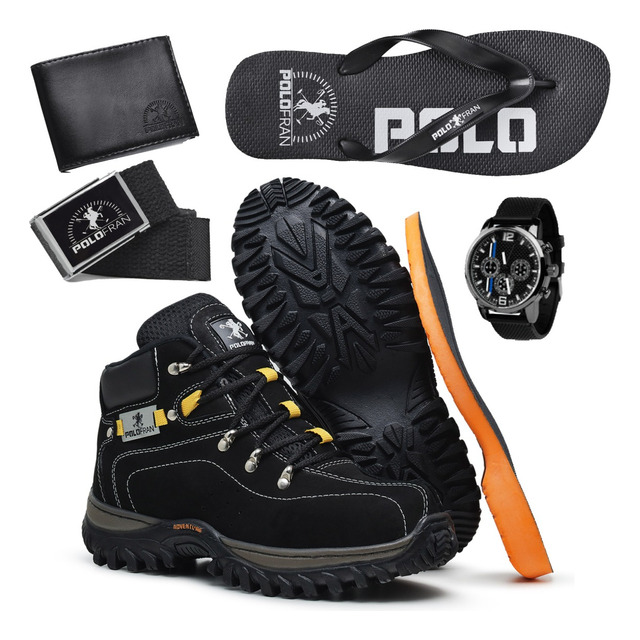 Kit Bota Adventure Relogio Carteira Cinto Chinelo Casual