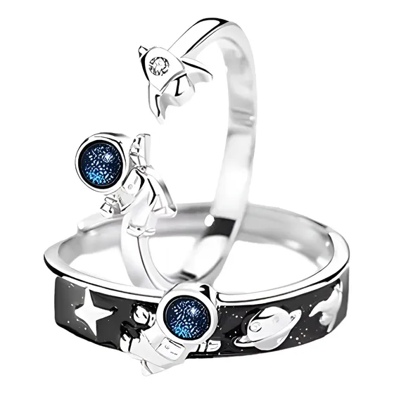 Combo X2 Anillos Astronauta Color Plata Pareja Amistad +caja