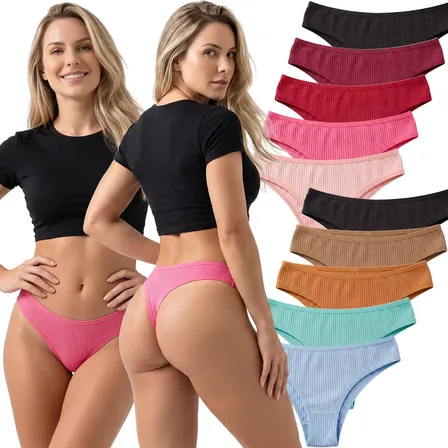 Kit 10 Calcinhas Canelada Tanga Feminina Básica Confortável Sortido M