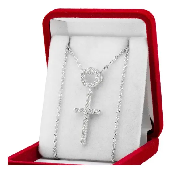 Conjunto Cadena Y Dije Cruz Plata 925 Con Piedras Importado