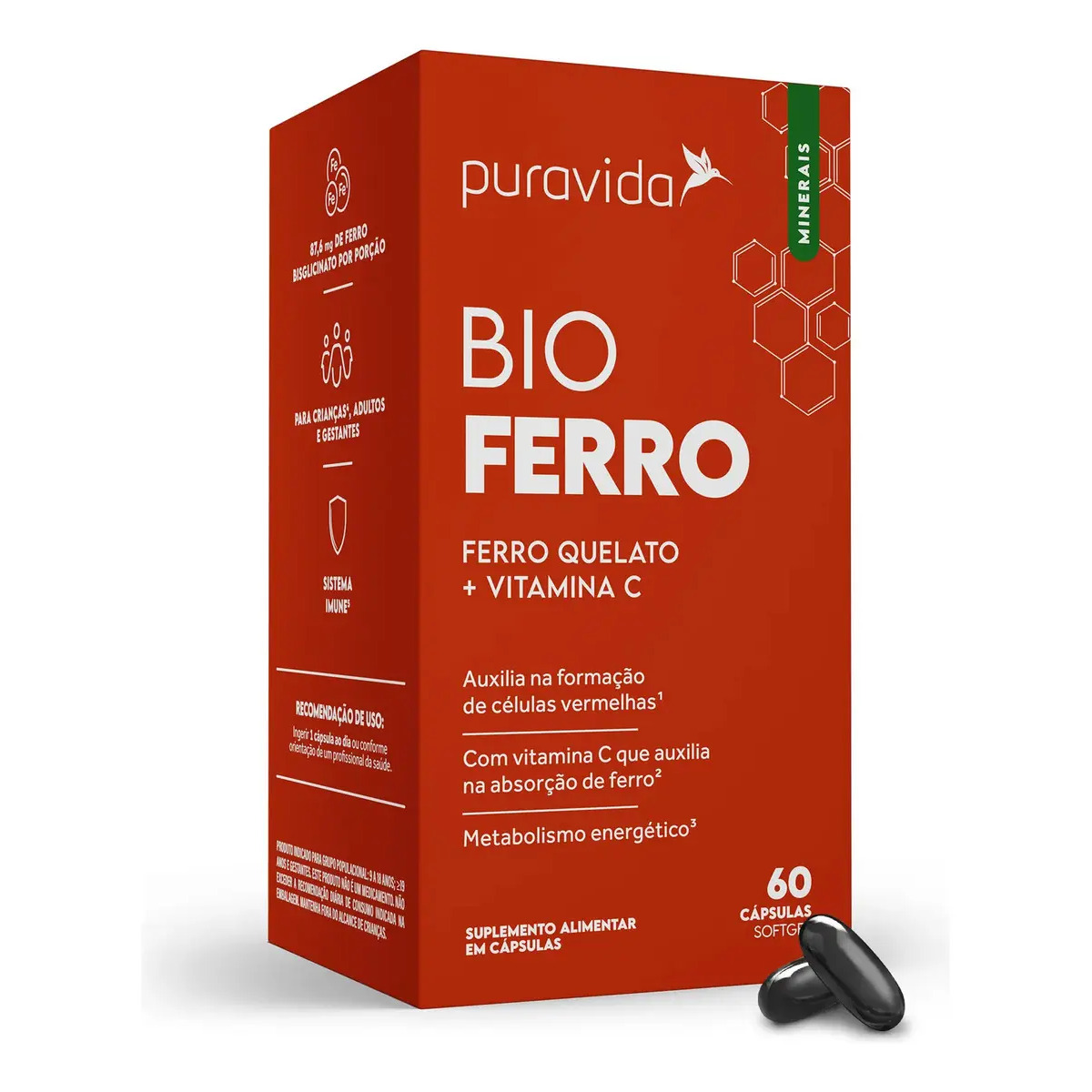 Bio Ferro Quelato + Vitamina C 60 Cápsulas Sem Sabor Puravida Bio Ferro Quelato + Vitamina C 60 Cápsulas Sem Sabor Puravida
