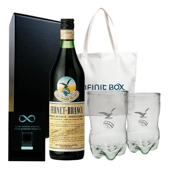 Box Regalo Fernet Branca +2 Vasos Ferneteros Vidrio Grabados