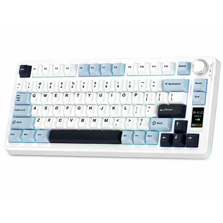 Teclado Classroom S75 Pro, pantalla LCD RGB Mechanical Gamer Trimodo Bluetooth 5.0 Inalámbrico 2 4 GHz Usb C Hot Swap... Color inglés estadounidense: azul glaciar