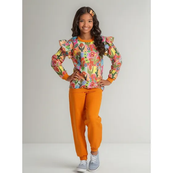 Conjunto Inverno Menina Blusão Calça Moletom Jardim Colorido