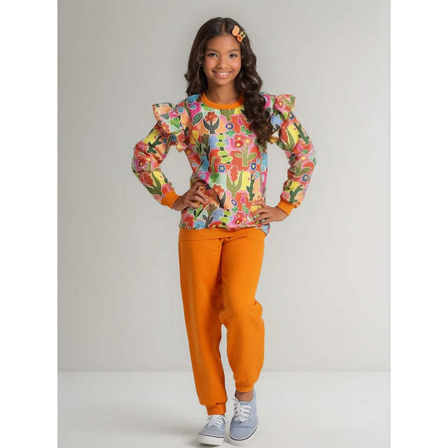 Conjunto Inverno Menina Blusão Calça Moletom Jardim Colorido Conjunto Inverno Menina Blusão Calça Moletom Jardim Colorido