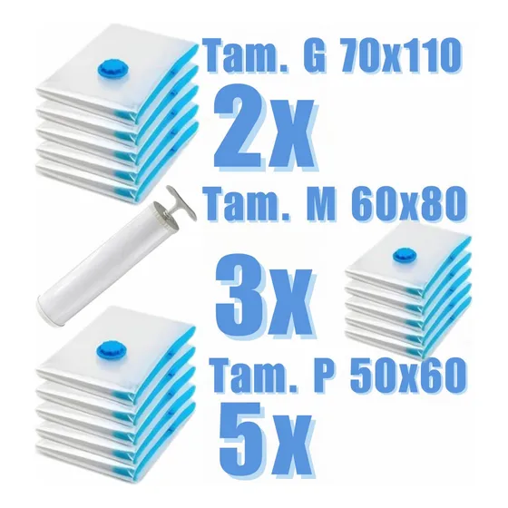 Magnow Pack Sacos A Vácuo Kit 10 Unidades Com Bomba Reutilizável Viagem Organização