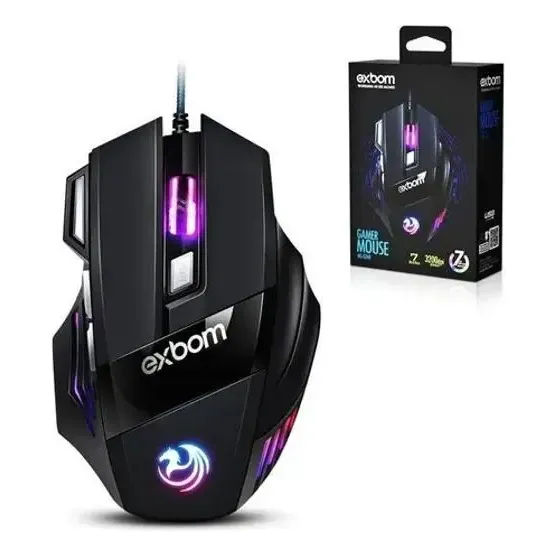 Mouse Gamer Exbom MS-G260 Preto 3200 DPI Com Fio LED 7 Botões USB