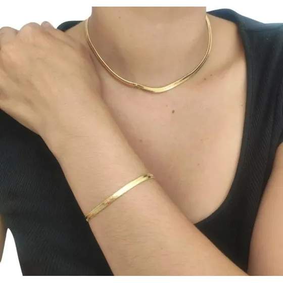 Conjunto Colar Choker Pulseira Fita Laminada Banhada 4mm
