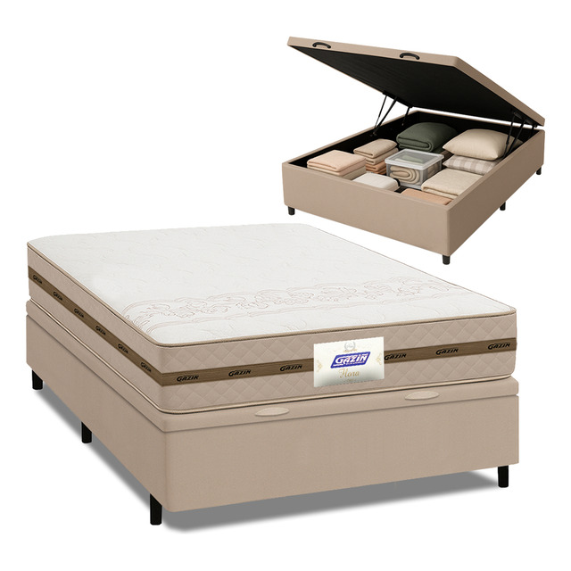 Cama Box Baú Casal Colchão Gazin Molas Flora Bege 138x188x61cm Cama Box Baú Casal Colchão Gazin Molas Flora Bege 138x188x61cm