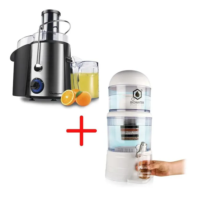 Combo Extractor de Jugos 850 Watts, Color Negro 110V + Filtro de Agua, Solución Completa para Bebidas Saludables y Agua Pura en tu Hogar u Oficina, Chef Master.