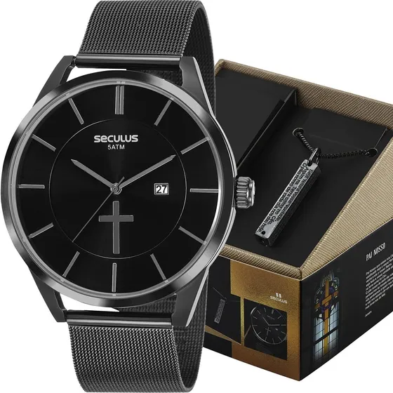 Kit Relógio Seculus Masculino C/colar Pai Nosso Prova Dágua