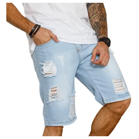 Bermuda Jeans Masculina Rasgada Destroyed Linha Gold Verão Azul-claro 42