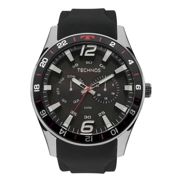 Relógio Technos Masculino Prata Vermelho Pulseira Silicone Cor Da Correia Preto Cor Do Bis... Relógio Technos Masculino Prata Vermelho Pulseira Silicone Cor Da Correia Preto Cor Do Bis...