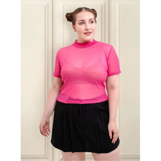 Top De Tul Mangas Cortas Con Cuello Polera - Talles Grandes
