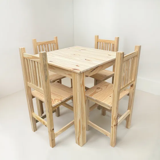 Combo Mesa 80x80 + 4 Sillas Hindu Rectas Madera Pino Macizo