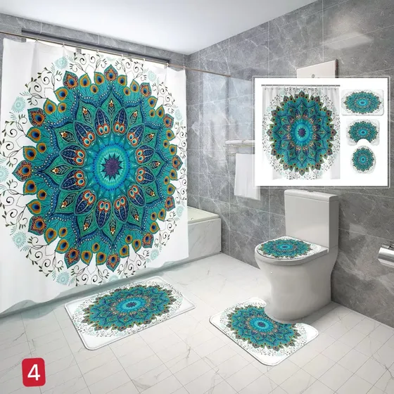 Cortina Baño Juego 4 Piezas Set Alfombras Ducha Inodoro