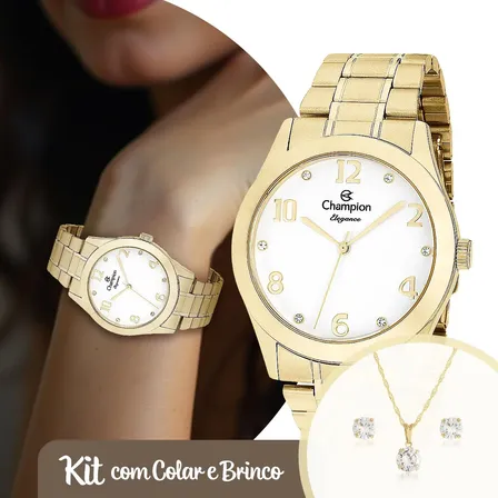 Relógio Champion Feminino Dourado de Aço Inoxidável com Kit Colar e Brincos
