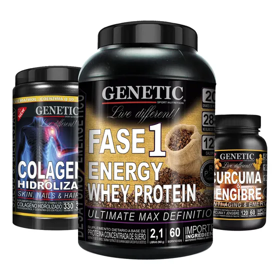 Proteína F1 Cúrcuma Colágeno Resveratrol Q10 Vit. C Genetic