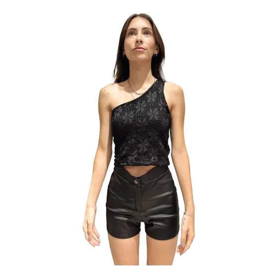 Crop Top Mujer Sexy Noche Un Hombro Calado Talle S/m