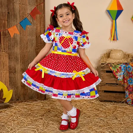 Vestido Festa Junina Infantil Xadrez Laços Rodado Babadinho Junino Lacinhos 2