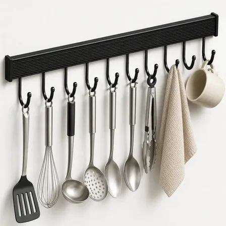 Suporte De Pendurar Cozinha Porta Talheres Utensílios Parede Adesivo Plus 60cm Grande Com 12 Ganchos Preto Marca Multi9dad3s
