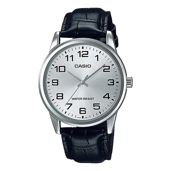 Reloj pulsera Casio MTP-V001L-7BU con correa de cuero color negro - fondo plateado