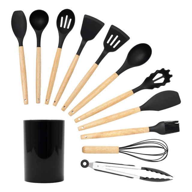 Kit 11 Utensílios Silicone Com Cabo Madeira E Suporte - Tud Kit 11 Utensílios Silicone Com Cabo Madeira E Suporte - Tud