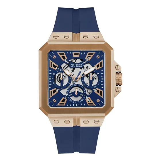 Reloj Guess Gw0637g3 Hombre Multifuncion Malla Azul Bisel Dorado Fondo Azul