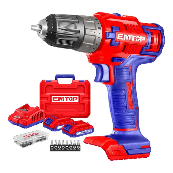 Taladro Atornillador 45nm + 2 Baterias Y Accesorios Emtop Color Rojo