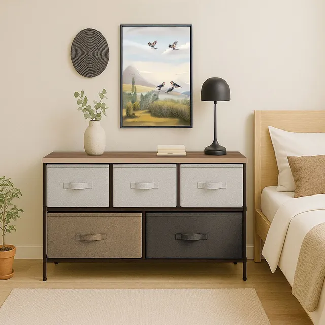 Mueble Buro Organizador Comoda Tela Metal 5 Cajoneras Color Café