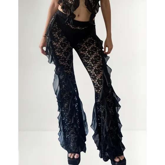 Pantalon De Encaje Transparencia Con Vuelos