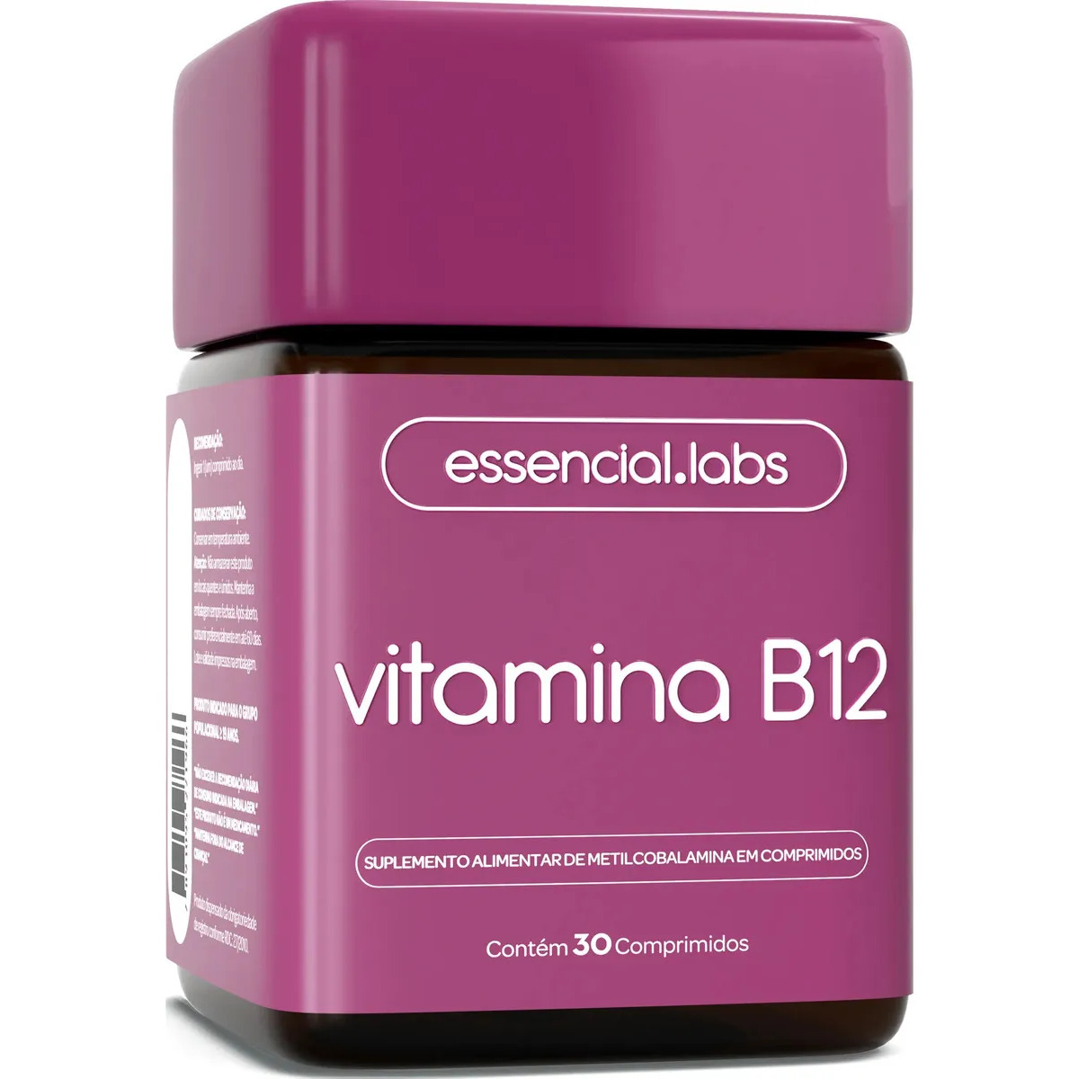 Frasco de Vitamina B12 Metilcobalamina da marca Essencial.Labs com tampa roxa e rotulo contendo 30 comprimidos