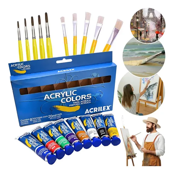 Kit Aquarela Acrilex Iniciante Pintura Tela 8 Cores Pincéis Telas