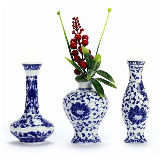 Juego 3 Jarron Ceramica Pequeño Porcelana Azul Blanco