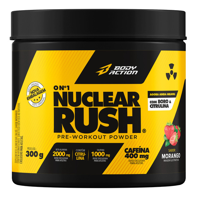 Suplemento Em Pó Pré Treino Nuclear Rush 300g Bodyaction Sabor Morango Suplemento Em Pó Pré Treino Nuclear Rush 300g Bodyaction Sabor Morango