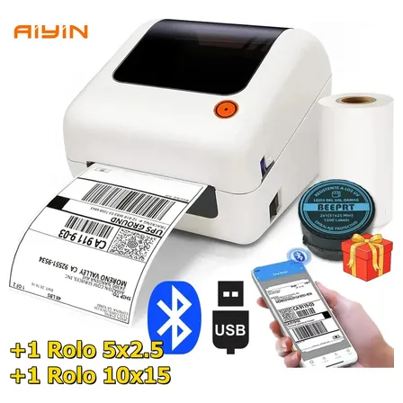 Impressora Térmica Bluetooth USB 110mm Código De Barras E Etiquetas + 2 Rolo De Etiqueta Adesivas Portátil Etiquetas De Envios Com 10 X 15 CM 127/220V Android iOS Windows MAC App Com ML Full SHOPE