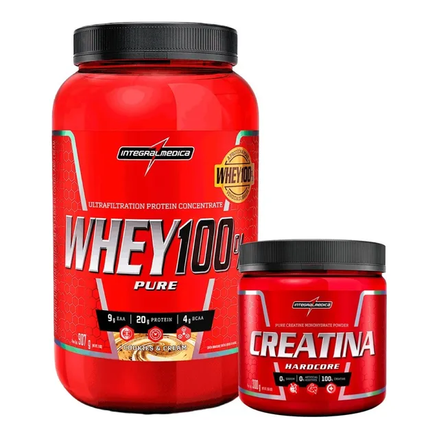 Kit Whey 100% Pure 900g Pote Creatina 300g Integral Médica