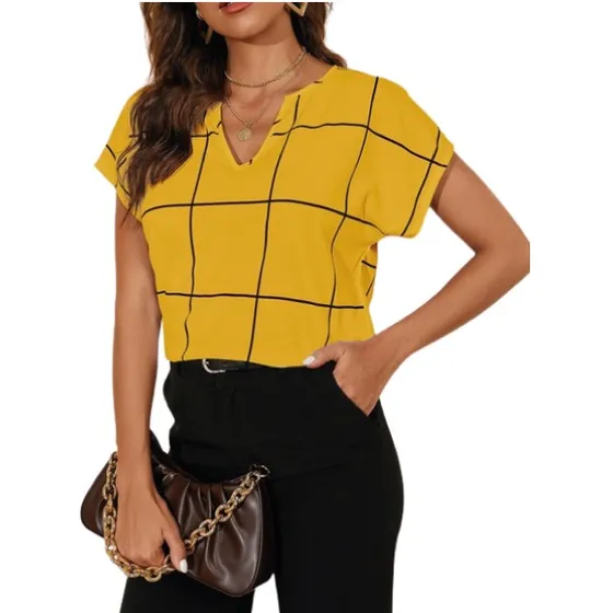 Shein Clasi Blusa Estampado De Cuadros De Cuello Notch