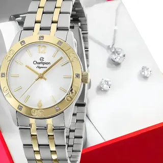 Kit RelĂłgio Feminino Champion Pequeno Bicolor Com Colar E Brincos Cn27349c Bisel Dourado Fundo Branco Kit RelĂłgio Feminino Champion Pequeno Bicolor Com Colar E Brincos Cn27349c Bisel Dourado Fundo Branco
