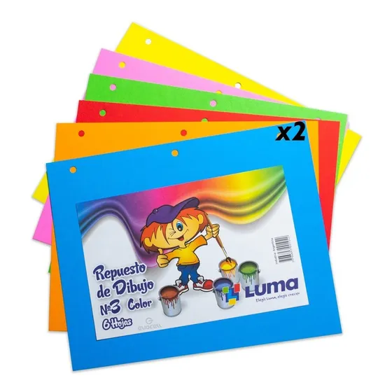 Repuesto Dibujo N°3 Color Luma Escolar 6 Hojas Surt Pack X2 