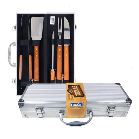 Kit Churrasco Texas Maleta Em Alumínio Faqueiro Cabo Longo