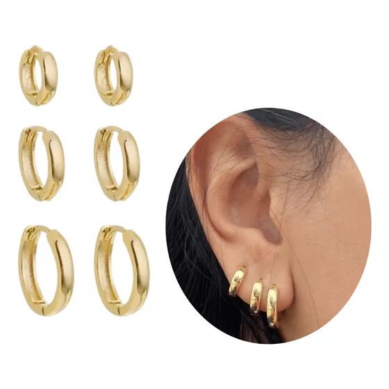 Trio De Argolas Redonda Click Banhada Ouro 18 3 Pares Brinco
