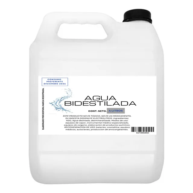 Agua Destilada, Bidestilada, Tridestilada Certificada 4 Lts