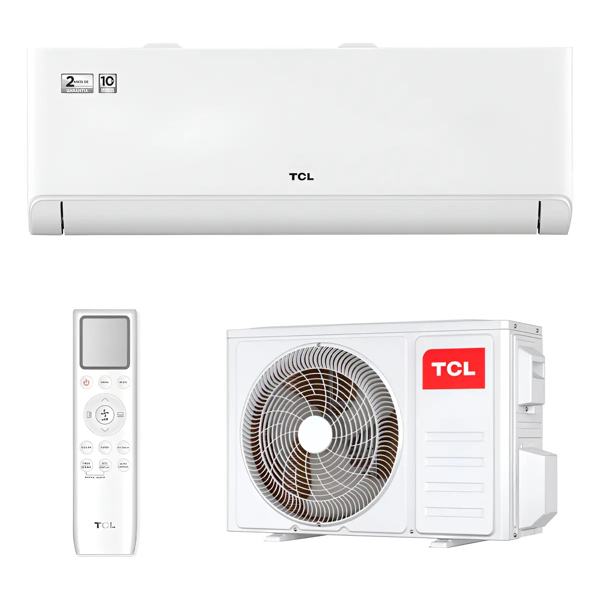 Conjunto de ar condicionado split TCL T-Pro 2.0 Inverter composto pela unidade interna, unidade externa e controle remoto