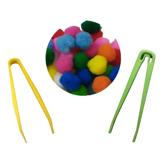 Kit 2 Pinzas Mini + 24 Pompones Motricidad Fina Niños