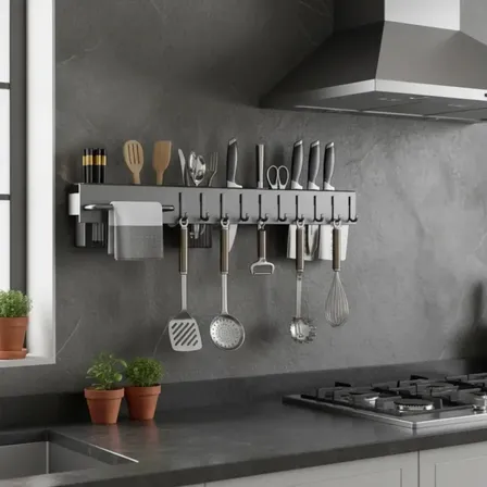 Porta Talher De Parede Preto Para Cozinha Com Suporte Cinza-escuro